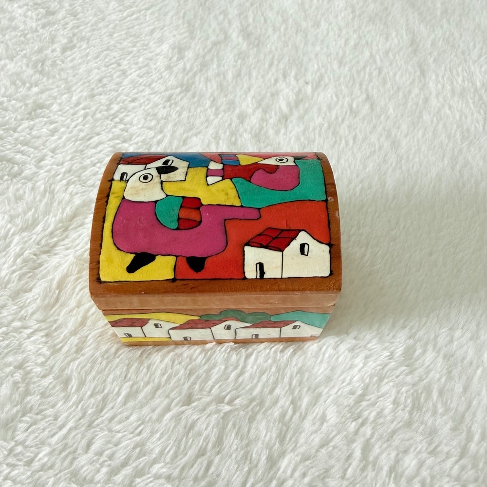 Hand Painted Folk Art Wooden Trinket Box Village & Birds Domed Lid Multicolor